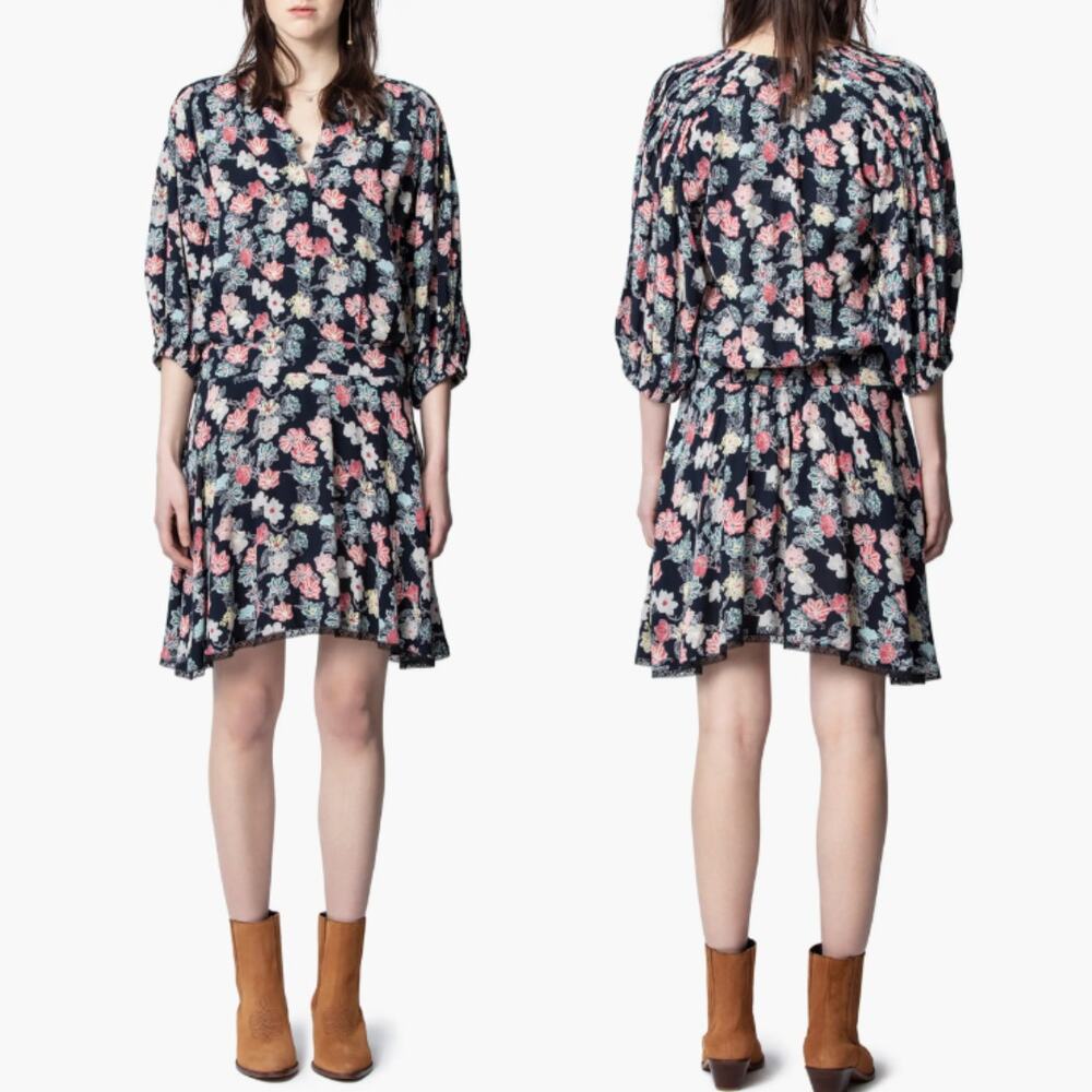 Zadig & Voltaire Raspali Floral Mini Dress Multicolor Crinkle Logo V-neck Size M